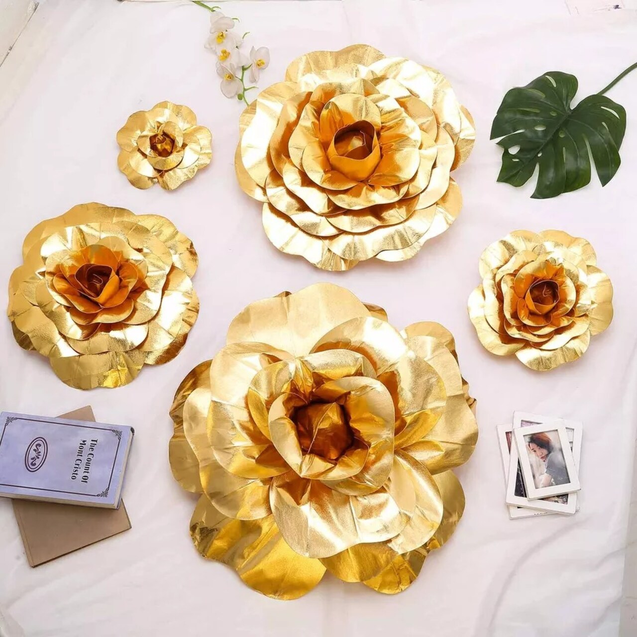 4 pcs 12" Gold Artificial Large Roses Flowers Wall Backdrop